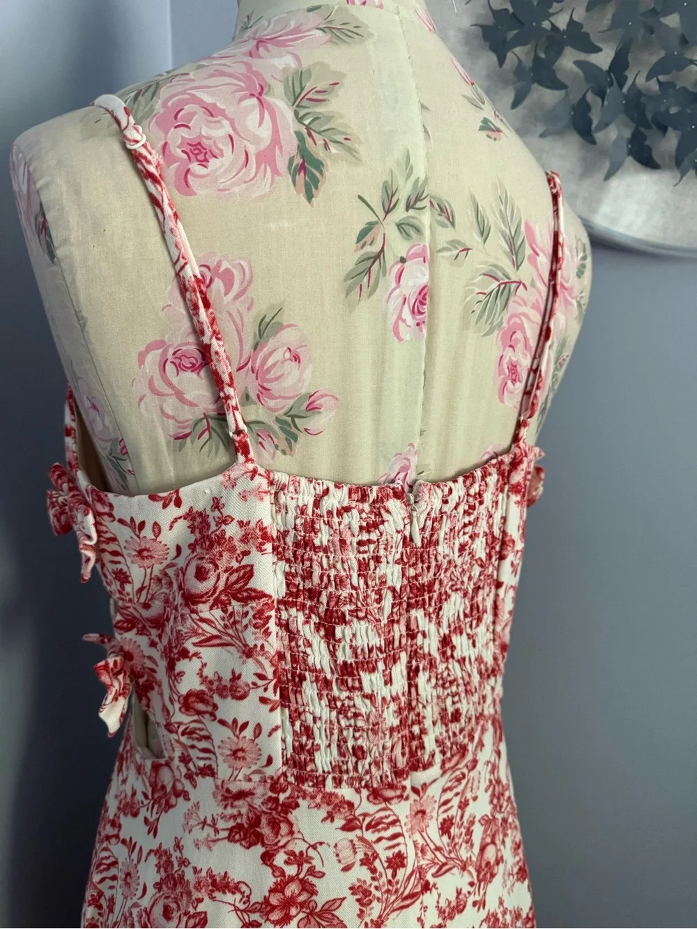 Wayf Red and Cream Floral Print Midi Dress with Cutout and Bow Details